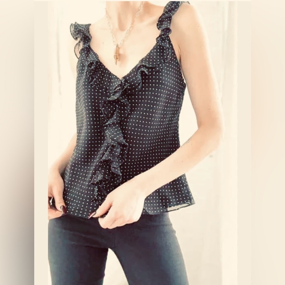 Ralph Lauren Silk Black Cami Tank Top Size 16 Polka Dot Ruffle V-neck Coquette